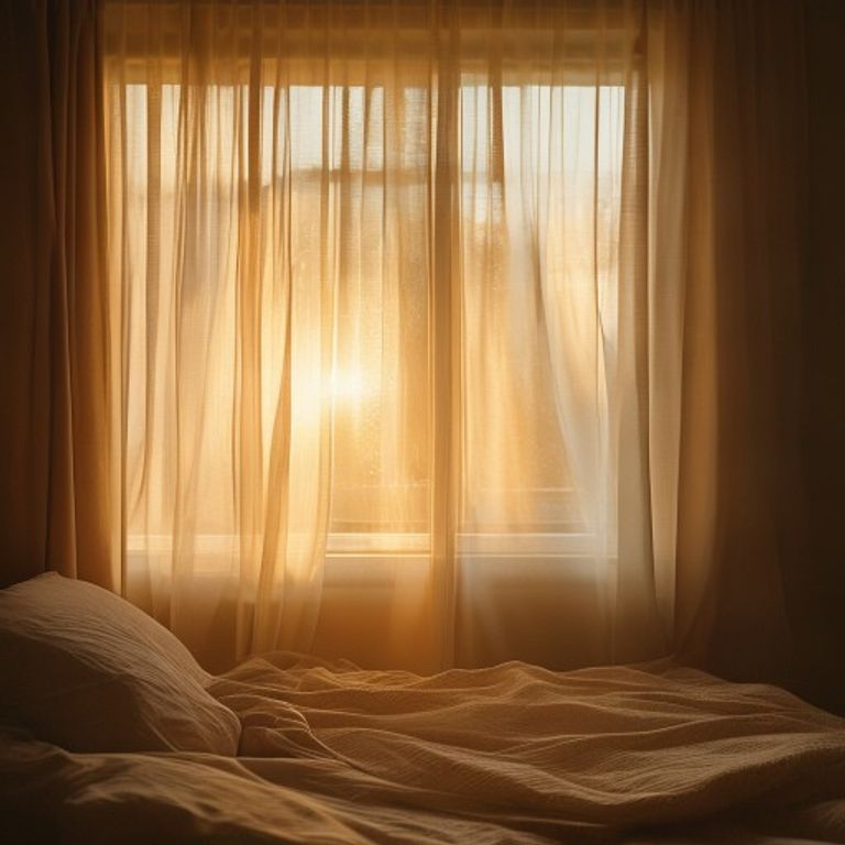 A calm bedroom with morning light streaming through sheer curtains